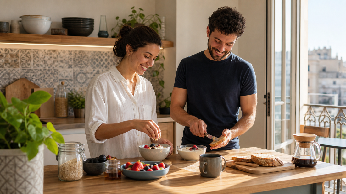 Young couple preparing a balanced Mediterranean breakfast together in a bright Malta kitchen