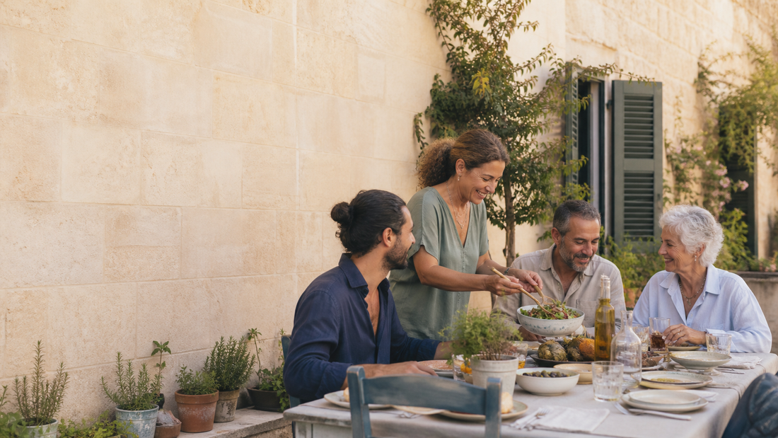 Multigenerational adults sharing a Mediterranean meal in a warm Maltese courtyard