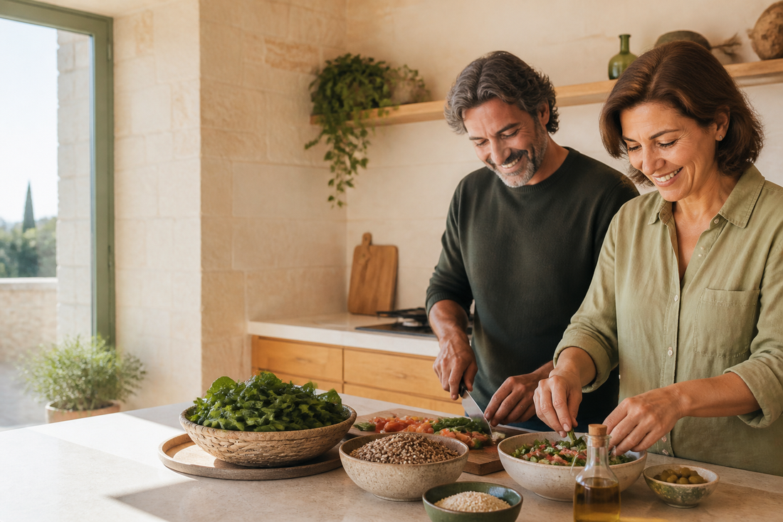 Middle-aged couple preparing a balanced Mediterranean meal in a bright Maltese kitchen