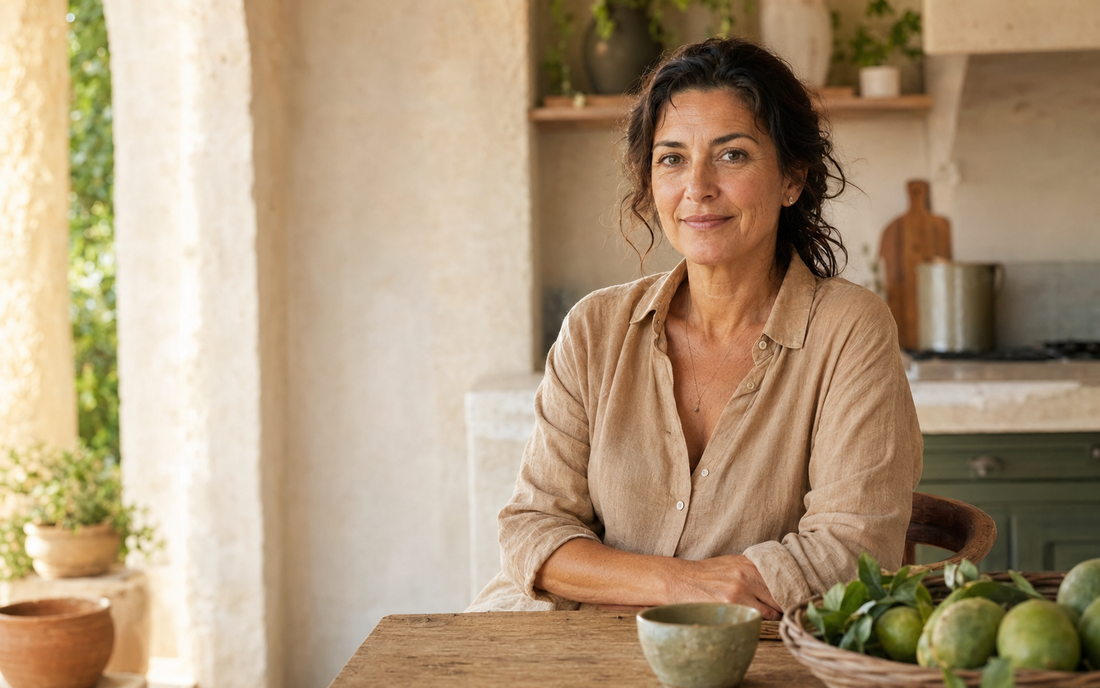 Woman in midlife sitting in a warm Mediterranean kitchen with fresh produce