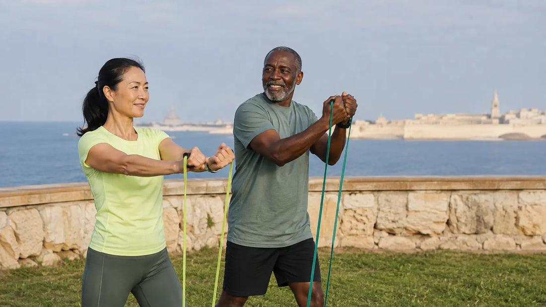 Adults over 40 doing resistance-band exercise by the Maltese coast
