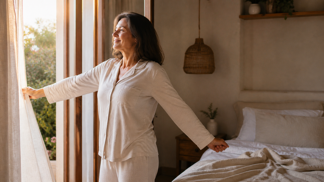Woman opening bedroom curtains after a restful night as part of a healthy sleep routine