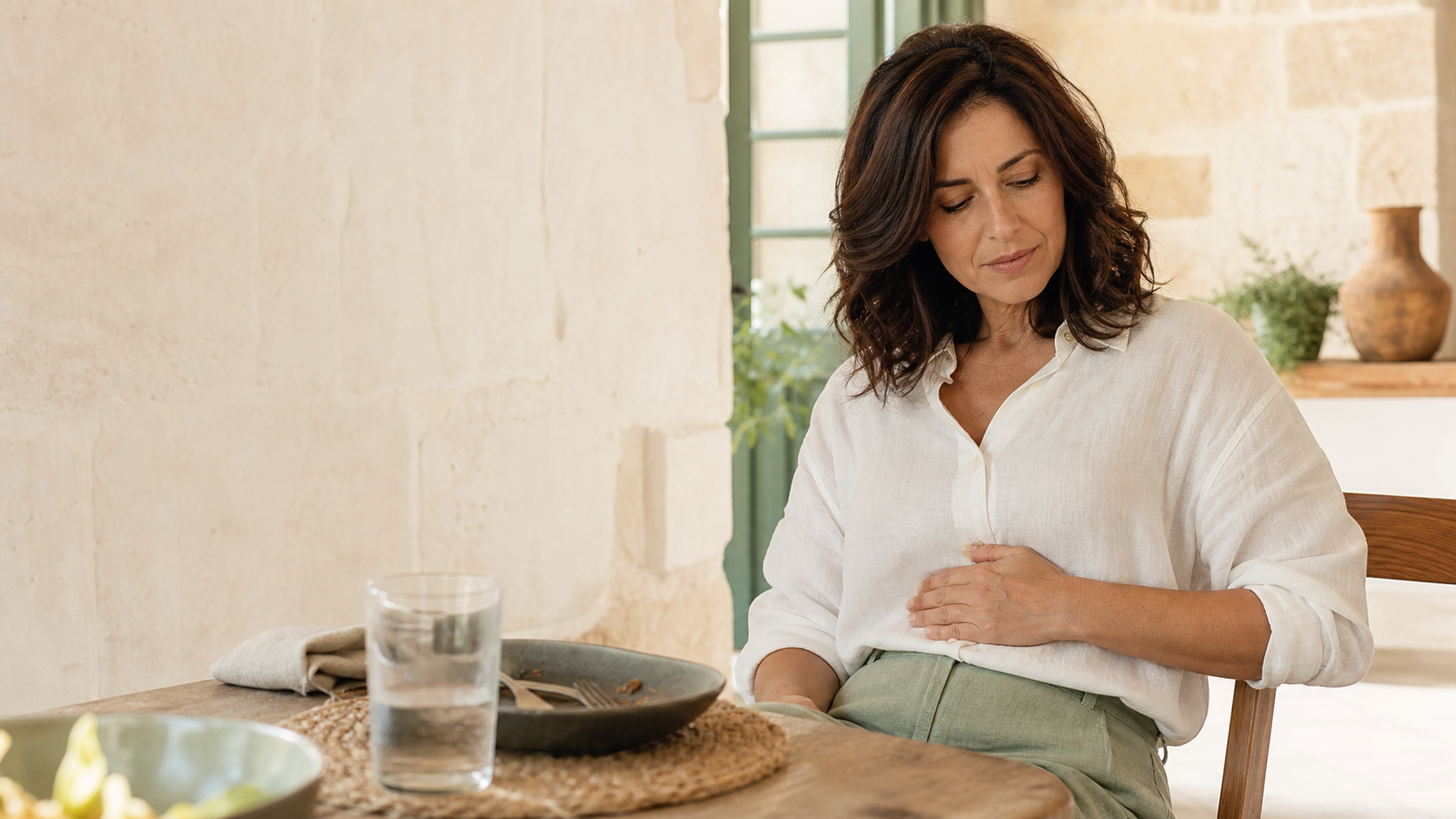 Woman experiencing mild abdominal bloating after a meal in a warm Maltese home